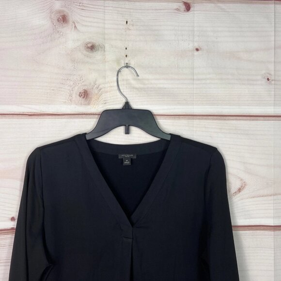 Ann Taylor Top Womens PM Black Long Sleeve Blouse Knit Woven V-Neck Pullover - Picture 3 of 6